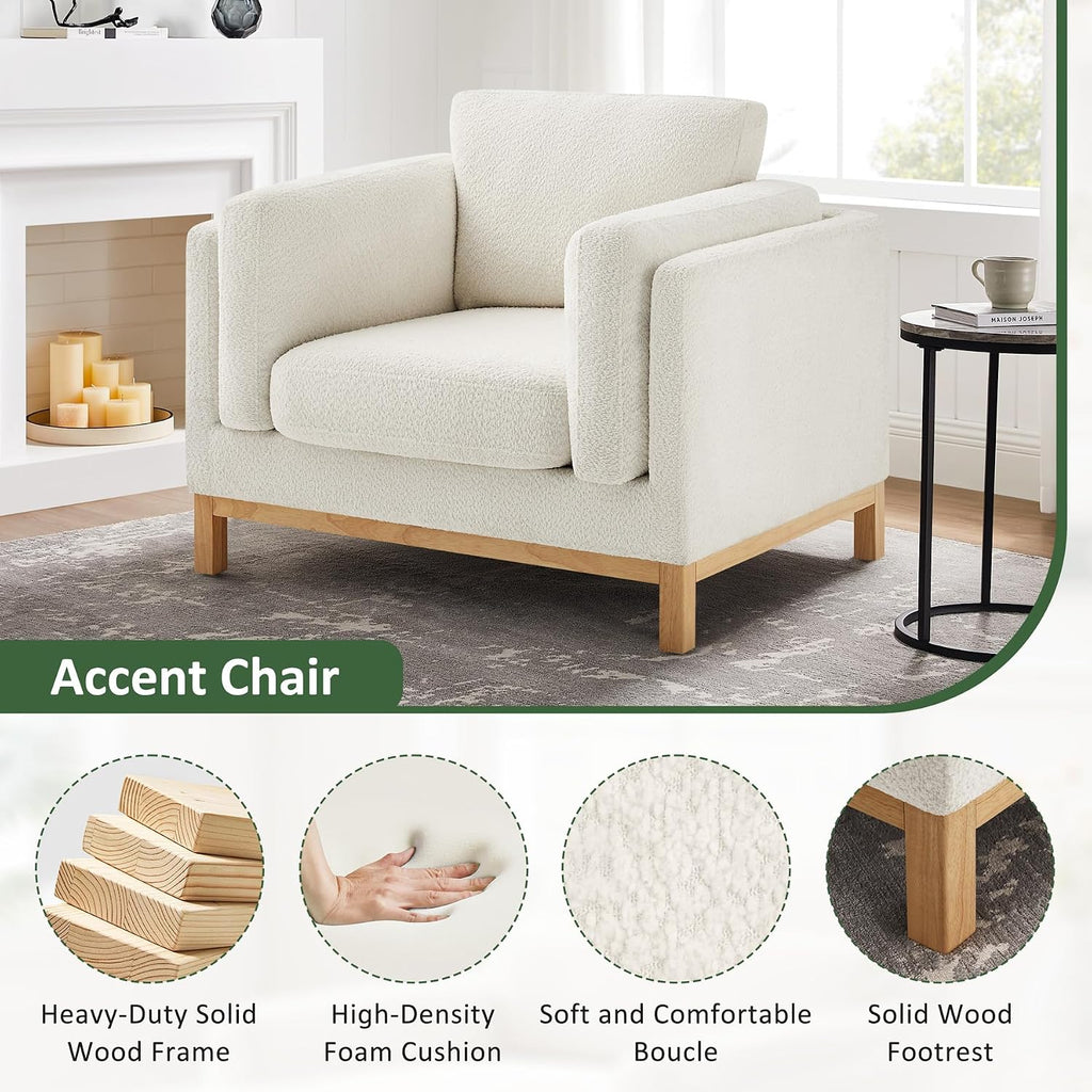 VANOMi Oversized Accent Chair Set of 2, Modern Upholstered Chairs | Boucle Reading Chair with Solid Wood Legs and 400 lbs Capacity, Cozy Seating for Living Room, Bedroom & Office, Ivory White