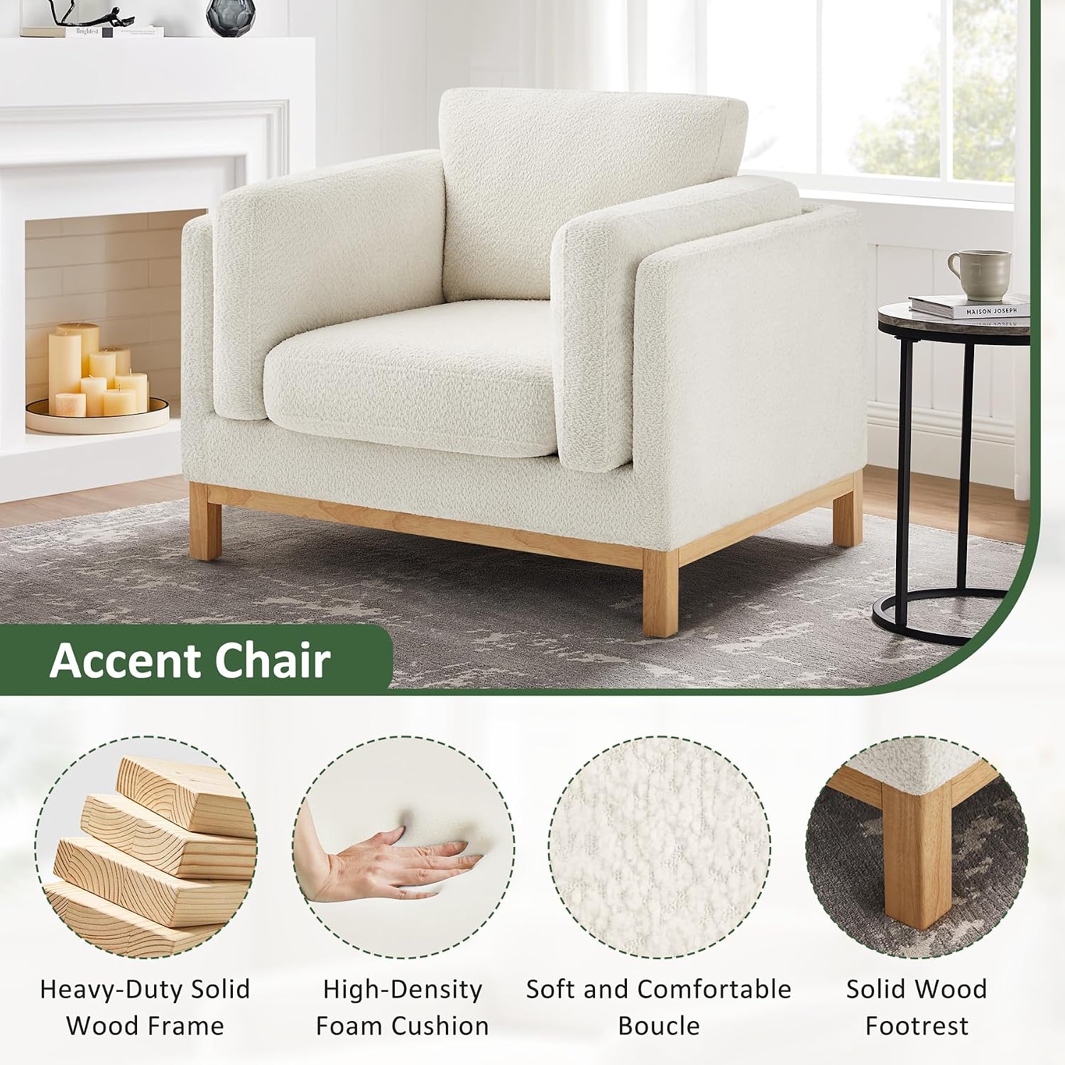 VANOMi Oversized Accent Chair Set of 2, Modern Upholstered Chairs | Boucle Reading Chair with Solid Wood Legs and 400 lbs Capacity, Cozy Seating for Living Room, Bedroom & Office, Ivory White