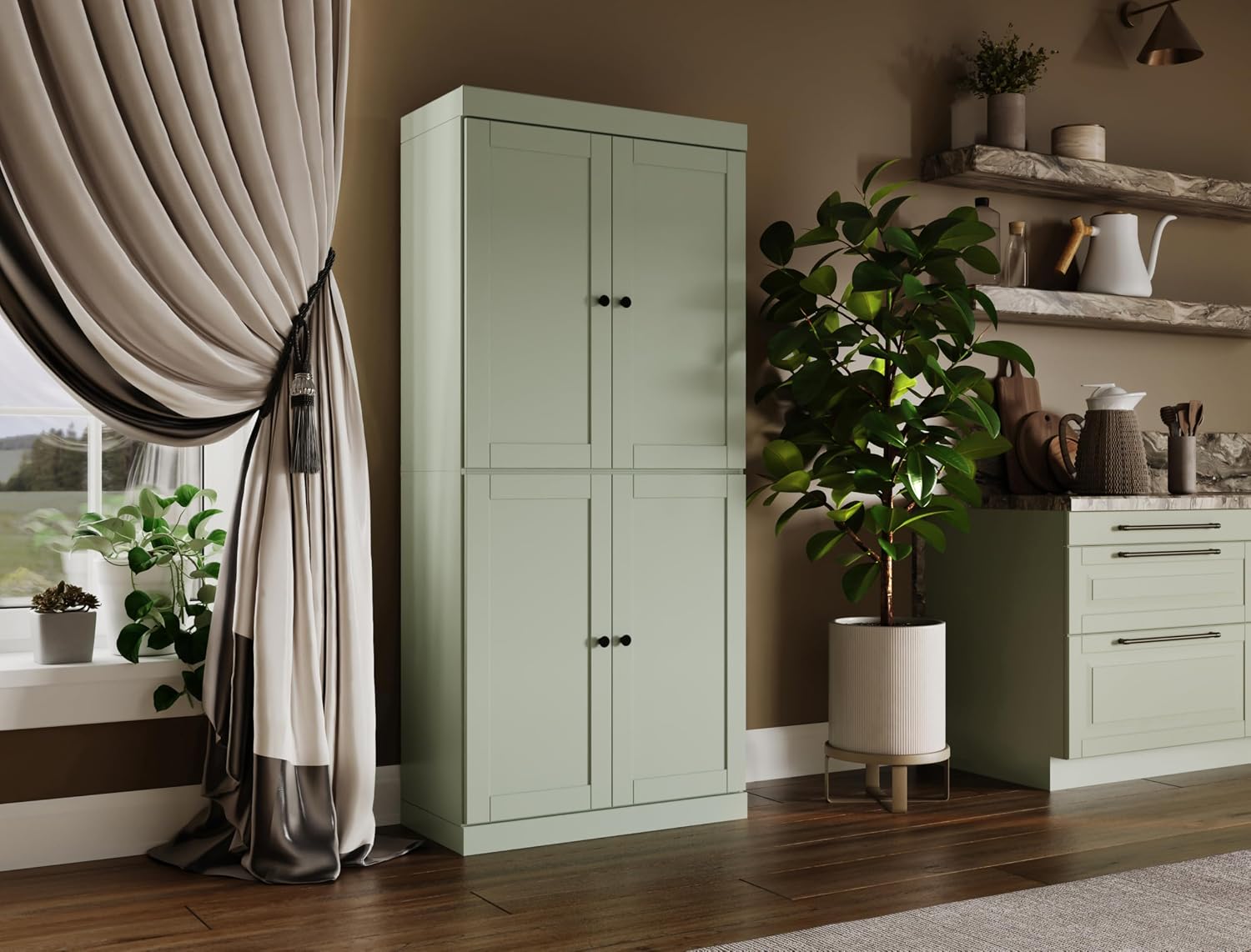 Palace Imports Solid Wood Kitchen Pantry Cabinet - 71.5" Tall x 32" Wide - Wooden Storage Cabinet with 4 Shaker Doors, 2 Drawers & 4 Adjustable Shelves, Sage, 100% Eco-Friendly Wood, Made in Brazil