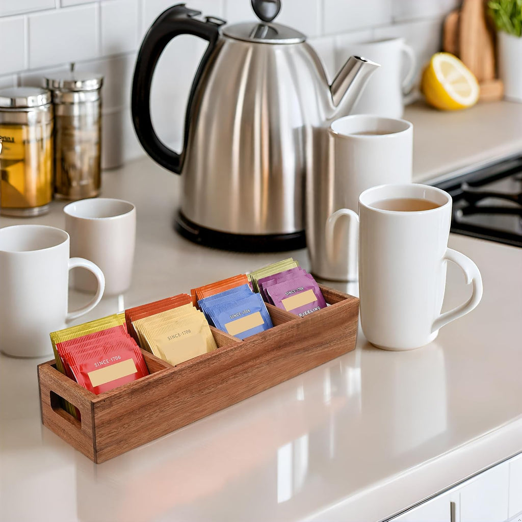 Acacia Wood Tea Bag Organizer with 4 Slots – Tea Bag Holder and Tea Organizer, Sugar Packet Storage for Countertops, Set of two
