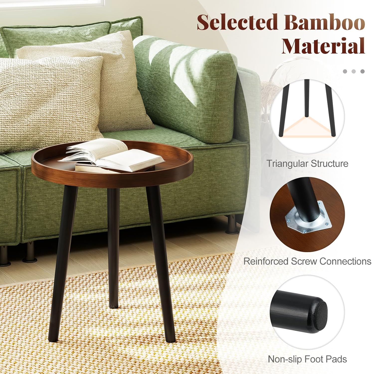 Giantex Round End Table, Mid Century Modern Side Table with Wooden Tray & Bamboo Legs, Sofa Couch Accent Table, Small Coffee Table for Small Space Living Room, Nightstand for Bedroom, Walnut