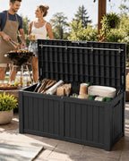 155 Gallon Waterproof Outdoor Storage Box, Large Lockable Deck Box, Indoor Outdoor Resin Storage Bench with Hydraulic Rod for Patio Furniture/Cushions/Garden Tools/Backyard/Pool Accessories, Black