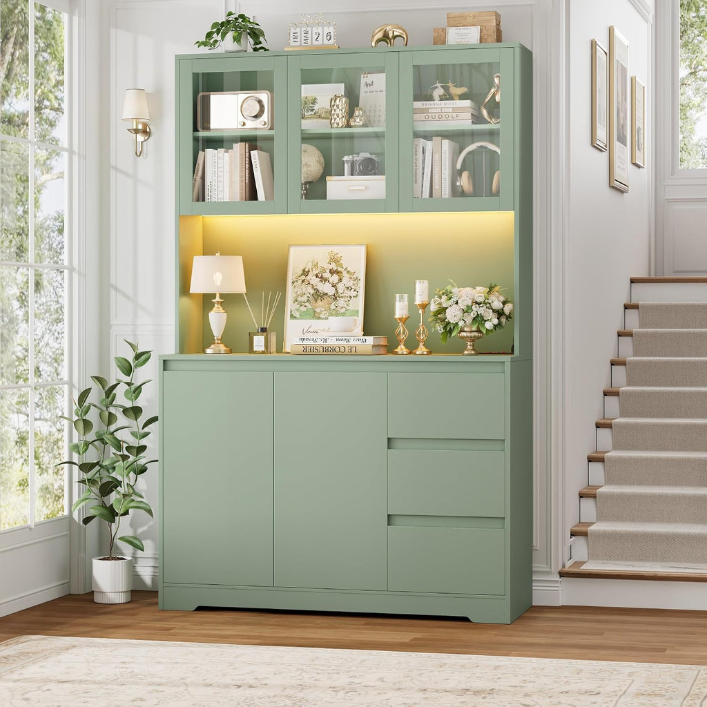 FINETONES 71" Kitchen Pantry Cabinet with LED Lights and Charging Station, Modern Kitchen Hutch Cabinets with Storage and Microwave Stand, Pantry Cabinet Buffet with Countertop, Green