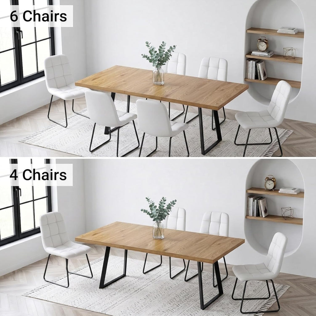 ZckyCine Extendable Dining Table Set 47"-63", Rustic Wood Table with 6 PU Leather Chairs, Modern Scandinavian Dining Room Furniture for Kitchen Apartment