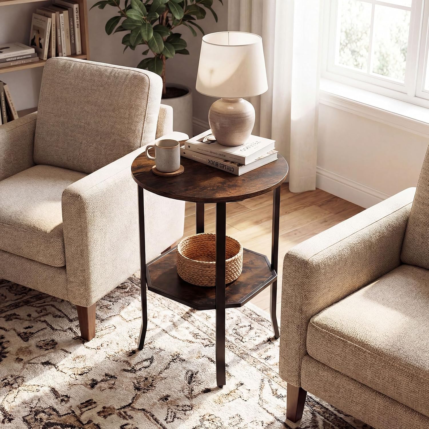 Giantex Round Side Table Set of 2, 2-Tier Small Sofa Couch End Table with Storage Shelf & Steel Frame, Wood Bedside Night Stand for Small Space Bedroom Living Room (Rustic Brown)