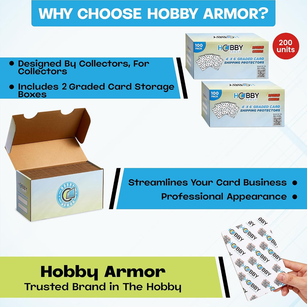 200 Pack Graded Trading Card Shipping Protector by Hobby Armor, 4" x 6" with Rounded Corners, Vibrant Multi-Color Card Protector to Guard Cards from Dings, Premium Cardboard Slab Shipping Supplies