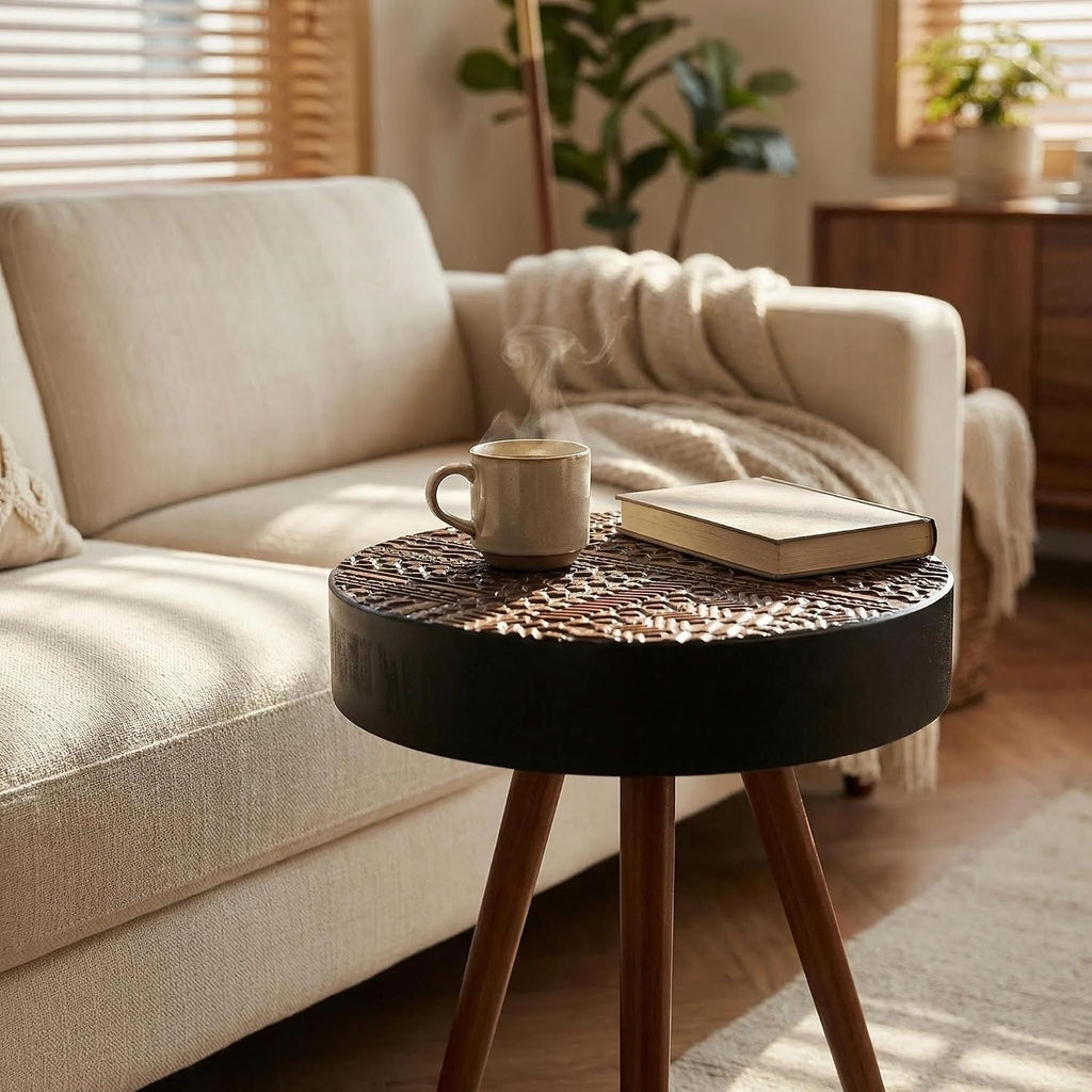 Round Wooden End Table with Retro Carved Brown Top & Black Wood Support Legs, Vintage 15.7" Small Circle Sofa Side Table for Living Room Bedroom (Brown, 4 Legs Support)
