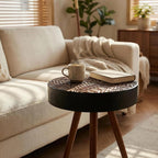 Round Wooden End Table with Retro Carved Brown Top & Black Wood Support Legs, Vintage 15.7" Small Circle Sofa Side Table for Living Room Bedroom (Brown, 4 Legs Support)