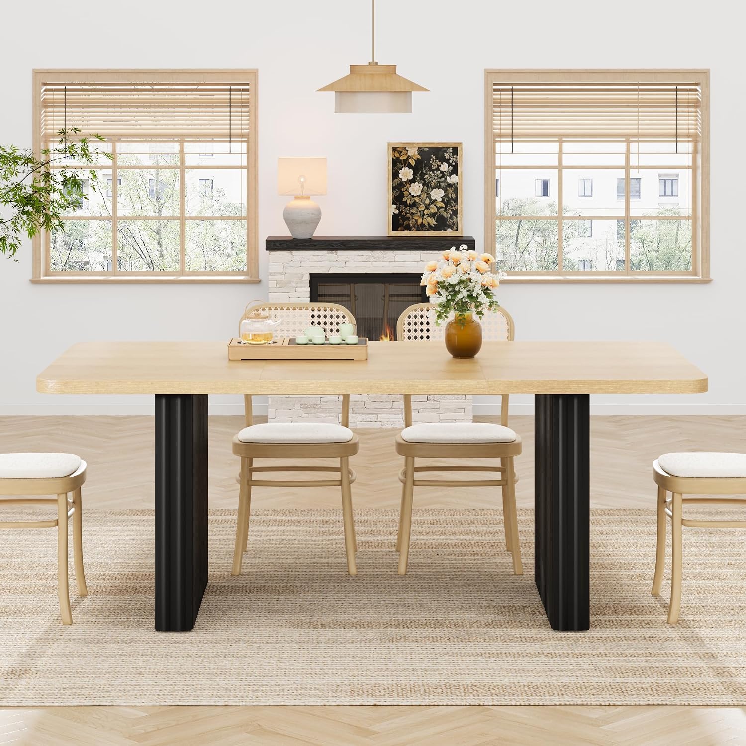 Garvee Modern Dining Table for 6-8, 71" Rectangular Farmhouse Kitchen Table with 3.6"×22.9" Black Fluted Wave Metal Legs & Wooden Top, Large Dining Table for Home Office, Dining, Natural