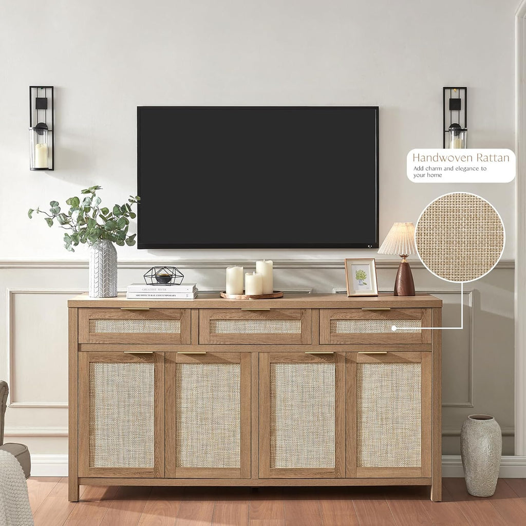 HOKYHOKY 63" Rattan Sideboard Buffet Cabinet, Boho Storage Cabinet with Adjustable Shelves, Farmhouse Credenza Coffee Bar Cabinets with 4 Doors & 3 Drawers for Living Room, Hallway & Kitchen