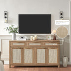 HOKYHOKY 63" Rattan Sideboard Buffet Cabinet, Boho Storage Cabinet with Adjustable Shelves, Farmhouse Credenza Coffee Bar Cabinets with 4 Doors & 3 Drawers for Living Room, Hallway & Kitchen