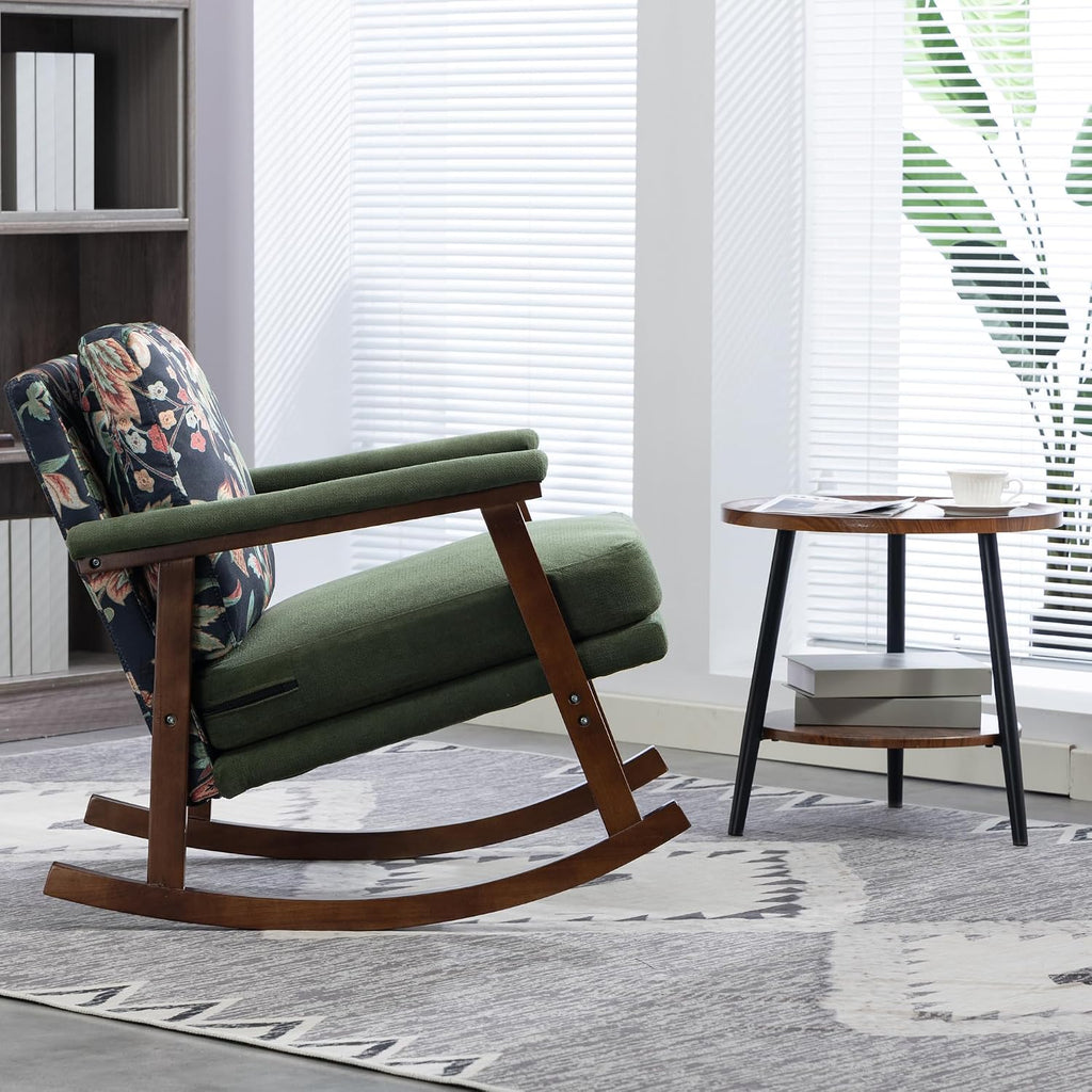 Rocking Chair Nursery with Sponge Cushion, Comfortable Accent Chair with Lumbar Support, Glider Armchair with Removable Seat & Back Pad for Living Room Bedroom Office Sunroom Indoor, Antique Green