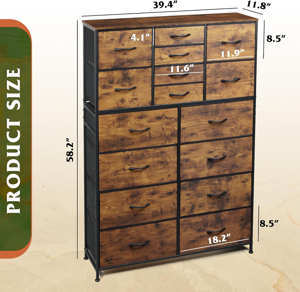 Tall Console Table with 16 Fabric Drawers, Entryway Table with Storage, Large Storage Organizer with Wood Top, Steel Frame for Living Room, Hallway, Office, Rustic Brown