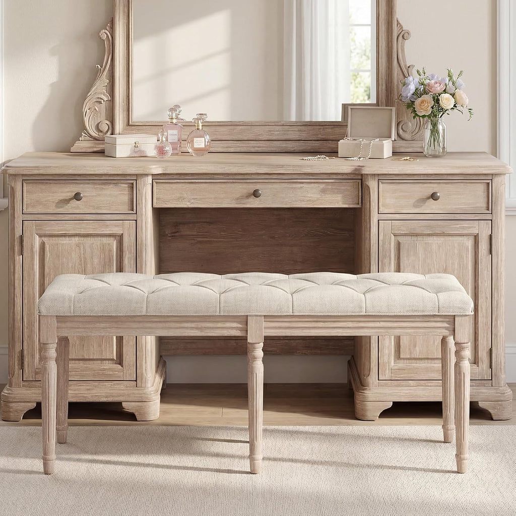 Giantex 47.5-inches Upholstered Dining Bench, Button-Tufted Table Bench with Carved Rubber Wood Legs, Padded Seat, Load 440Lbs, Vintage End of Bed Ottoman for Entryway, Living Room, Bedroom (1,Beige)