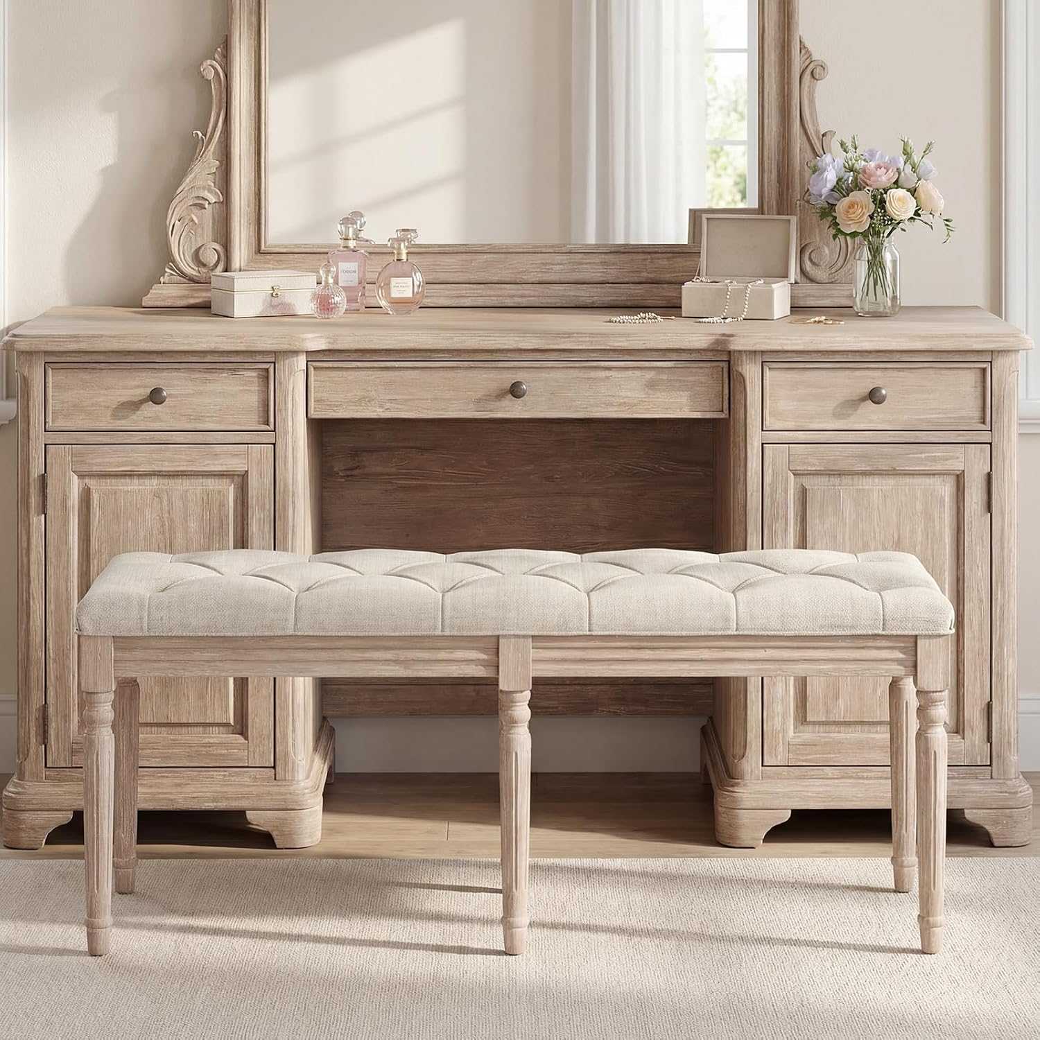 Giantex 47.5-inches Upholstered Dining Bench, Button-Tufted Table Bench with Carved Rubber Wood Legs, Padded Seat, Load 440Lbs, Vintage End of Bed Ottoman for Entryway, Living Room, Bedroom (1,Beige)