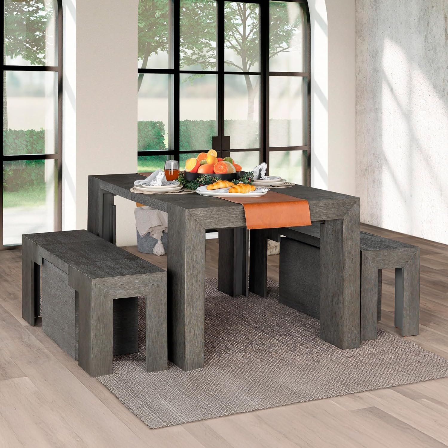 Transformer Table - Extendable Dining Bench, Solid Wood Expandable Seating 1–6, Multifunctional Dining Bench with Integrated Storage, Modern Farmhouse Wood Bench, Dark Grey