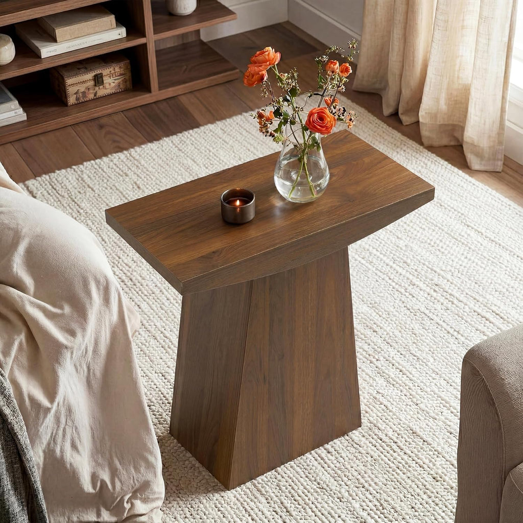 Tribesigns Pedestal End Table, Farmhouse Sofa Couch Side Table with Trapezoid Base, Wooden Accent Drink Stand Nightstand for Living Room, Small Space, Walnut Brown