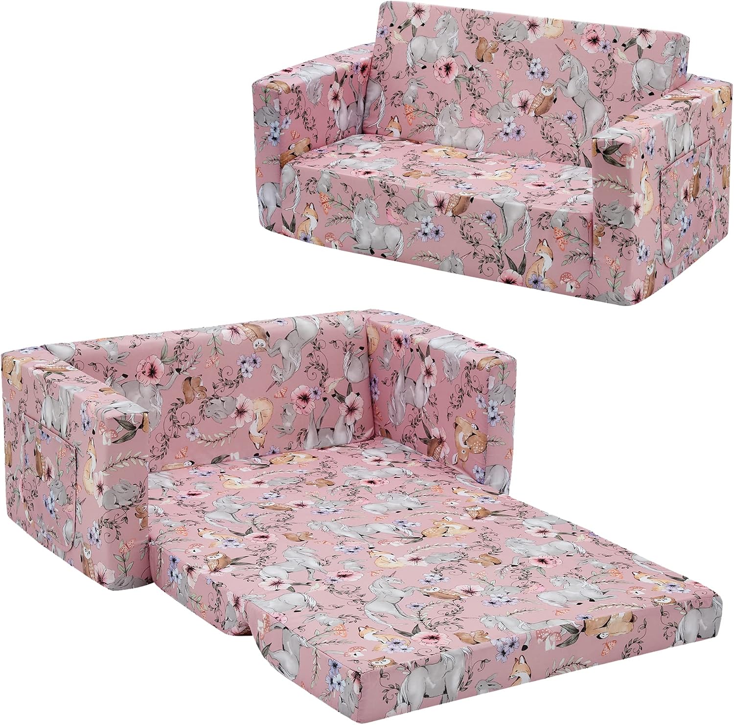 Ulax furniture Kids Convertible Sofas Children Flip-Out Sofa - 2-in-1 to Lounge Chair (Pink Unicorn)