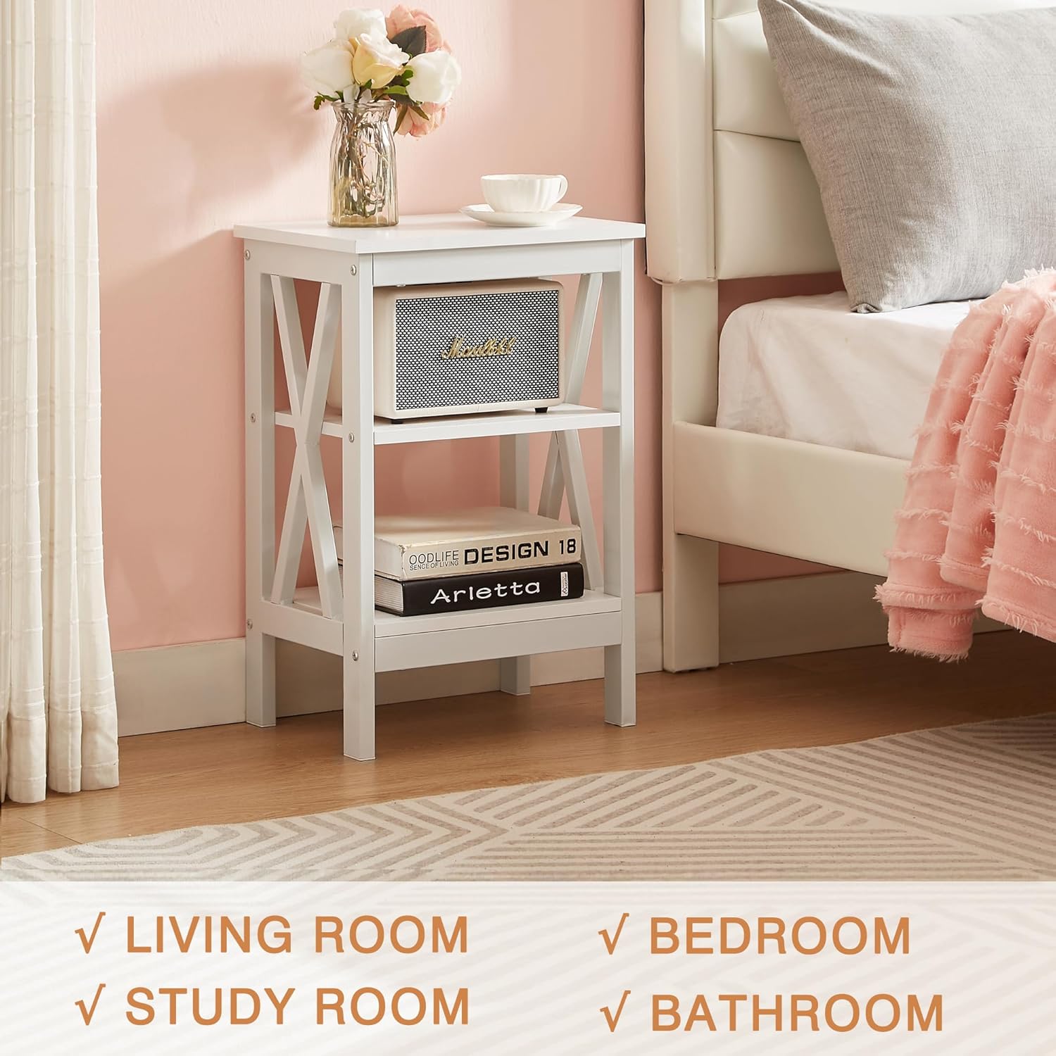 VECELO End Table Set of 2, Bedside Table, 24" Tall Living Room End Tables, X-Design Reinforced Nightstands, Side Table with 3-Tier Storage Shelves for Small Spaces, Office, Bathroom, Bedroom, White