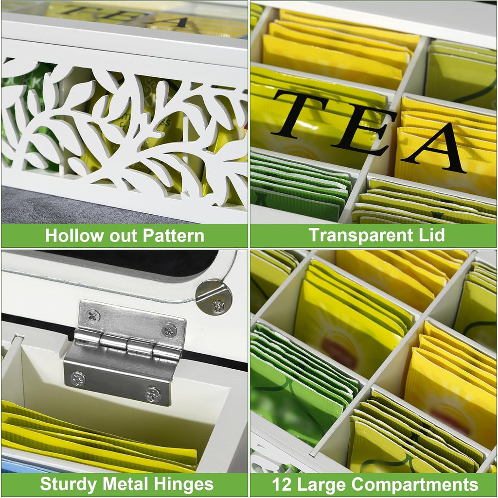 Tea Box Organizer,Wood Tea Organizers and Storage,12 Compartments Teas Bag Organizers,Teas Bag Holder Organizer,Wooden Storage Box for Countertop Kitchen Cabinet Pantry
