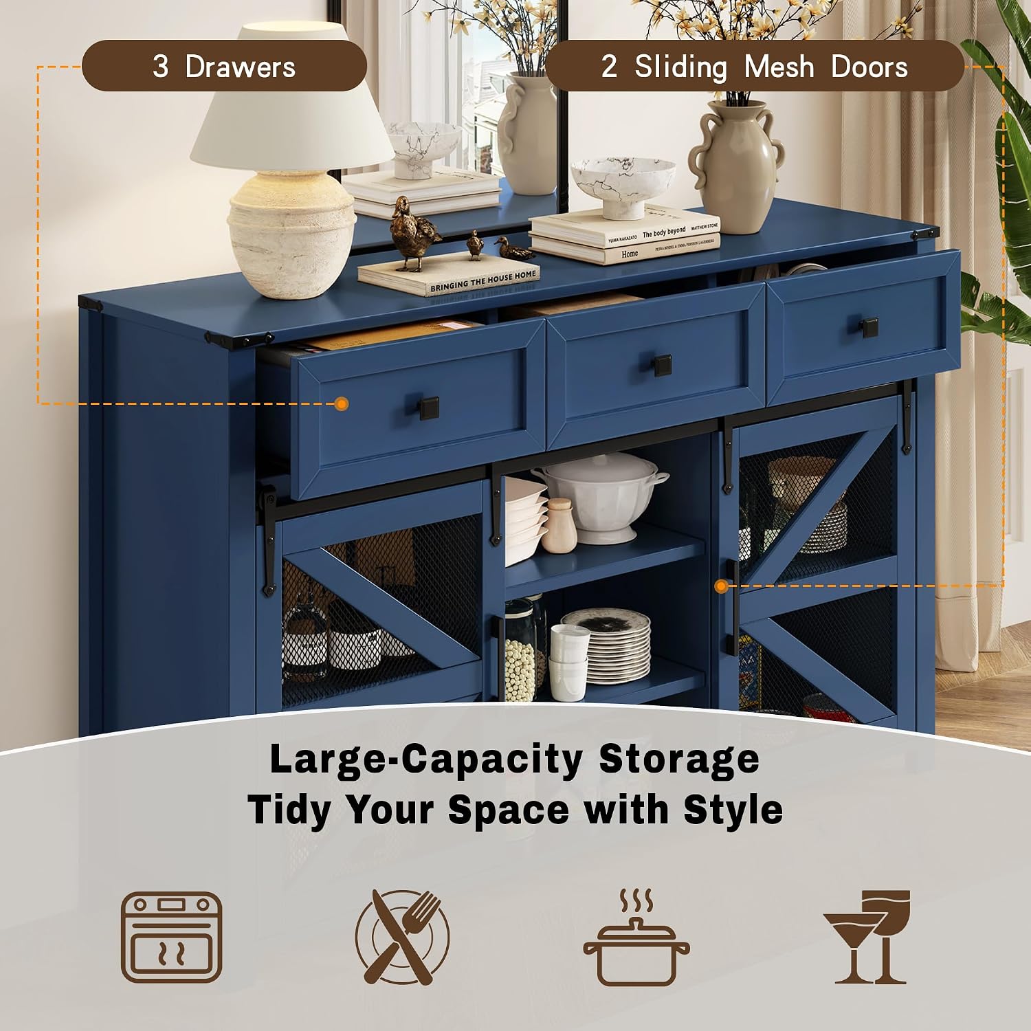 Virubi 55 in Sideboard Buffet Cabinet with Storage,Sliding Barn Doors,3 Drawers and Shelves,Farmhouse Coffee Bar Cabinet for Living Room,Hallway,Entryway,Navy Blue
