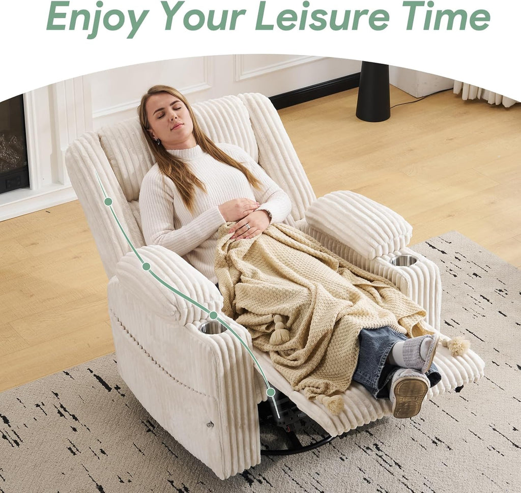 Power Recliner Chair with Massage and Heat, Oversized Swivel Rocker Recliner for Adults with Adjustable Headrest, Nursery Glider with Arm Storage and Cup Holder, Beige
