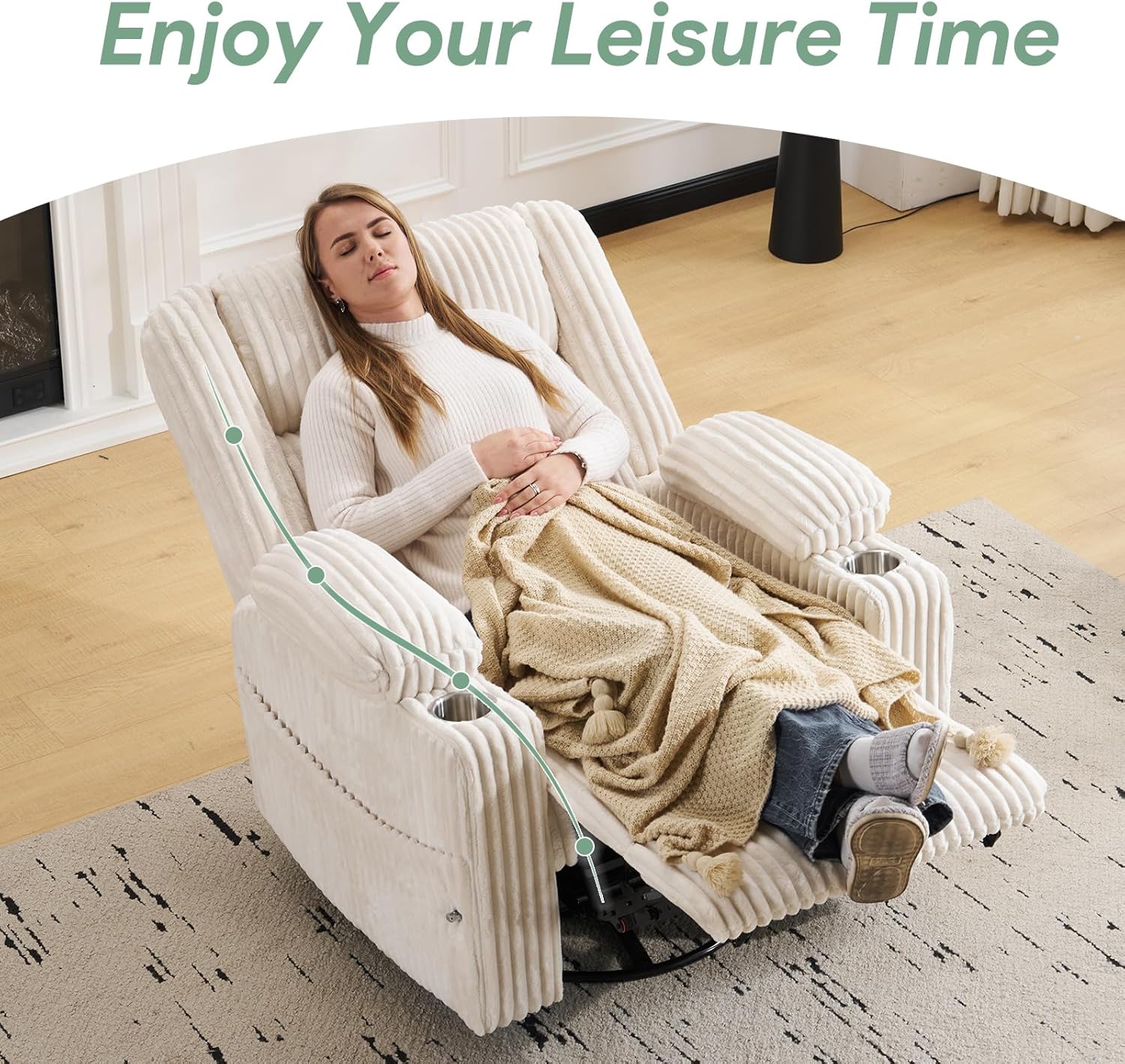 Power Recliner Chair with Massage and Heat, Oversized Swivel Rocker Recliner for Adults with Adjustable Headrest, Nursery Glider with Arm Storage and Cup Holder, Beige