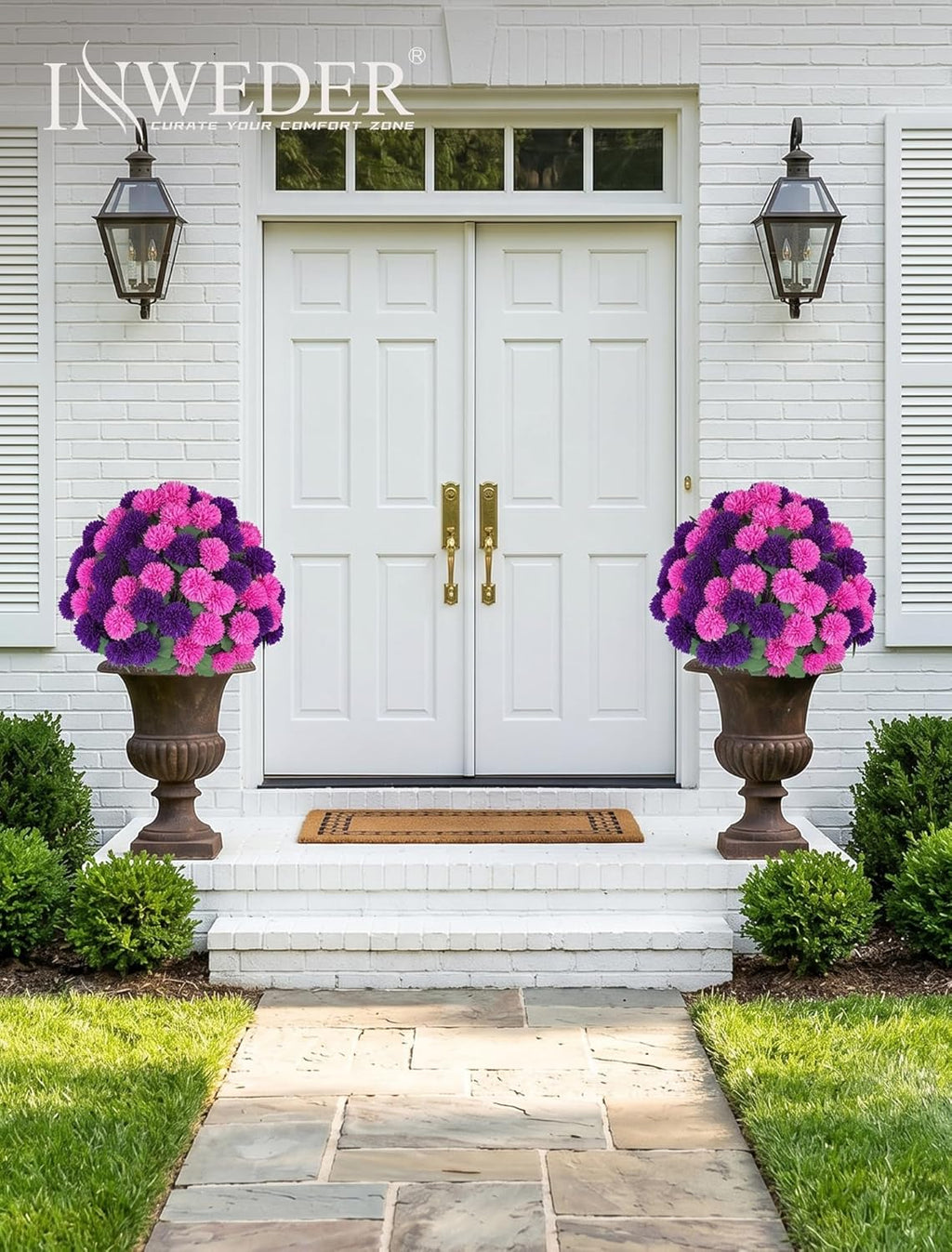 Artificial Mum Topiary Ball: 33" Fake Chrysanthemum Flower with Spike Set of 2 for Front Porch Decor - Purple Pink Faux Bushes Plants with Spike for Outdoor Indoor Garden Patio Entryway