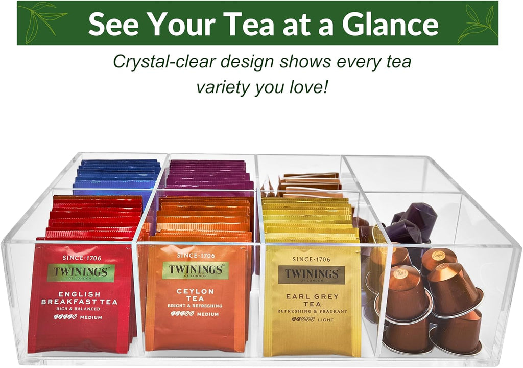 Acrylic Tea Bag Organizer - Clear Tea Storage Box, K Cup Coffee Pods Holder with 8 Compartments, Tea Station Organizer for Countertop, Modern Tea Display Stand
