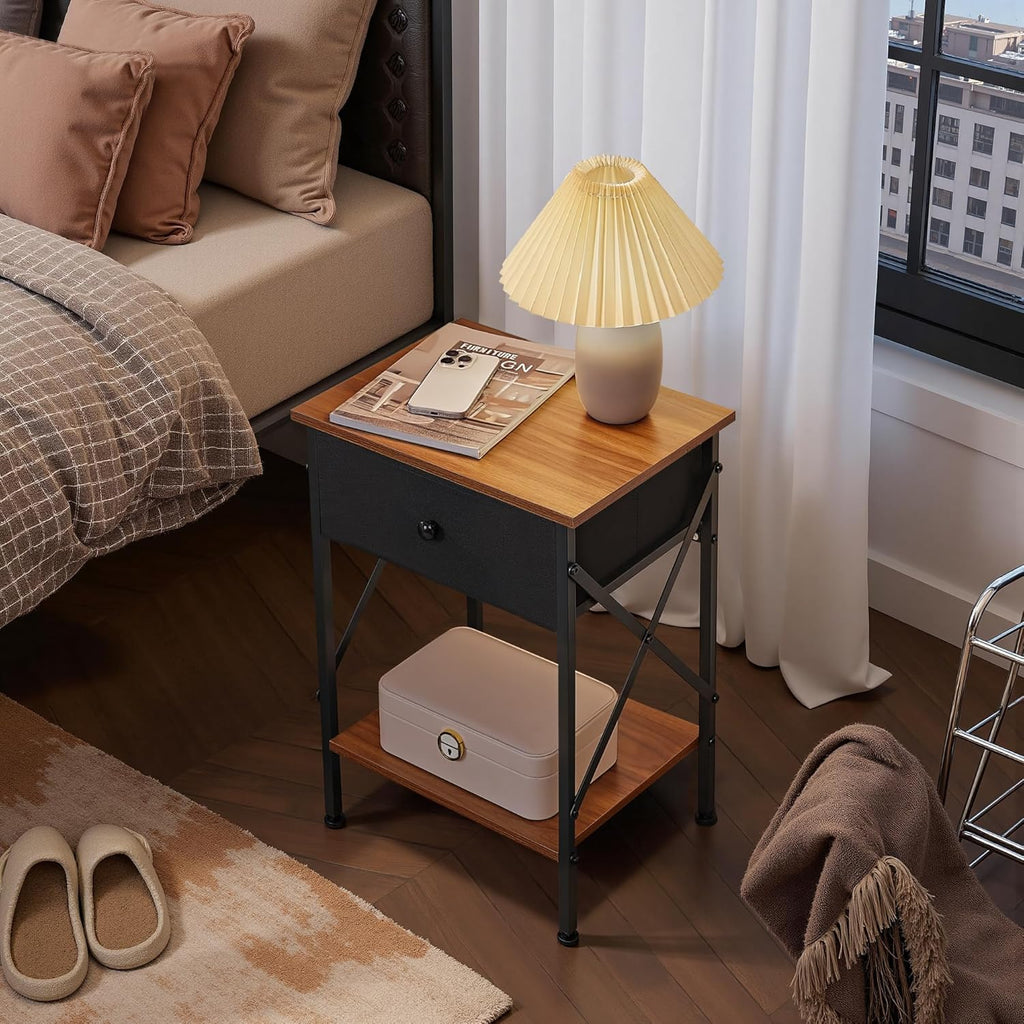 VECELO Nightstand Set of 2, X-Design End Side Table with Fabric Storage Drawer and Open Shelf, Bedside Night Stand with Steel Frame for Bedroom, Living Room,Dorm, Easy Assembly, Classic Brown