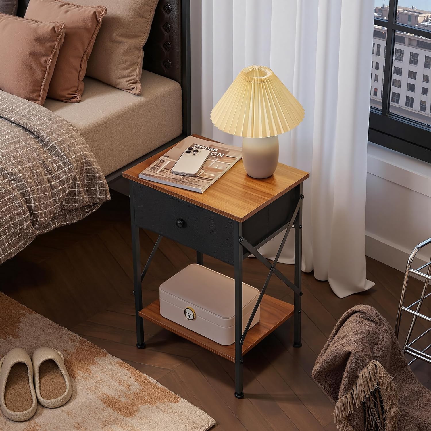 VECELO Nightstand Set of 2, X-Design End Side Table with Fabric Storage Drawer and Open Shelf, Bedside Night Stand with Steel Frame for Bedroom, Living Room,Dorm, Easy Assembly, Classic Brown