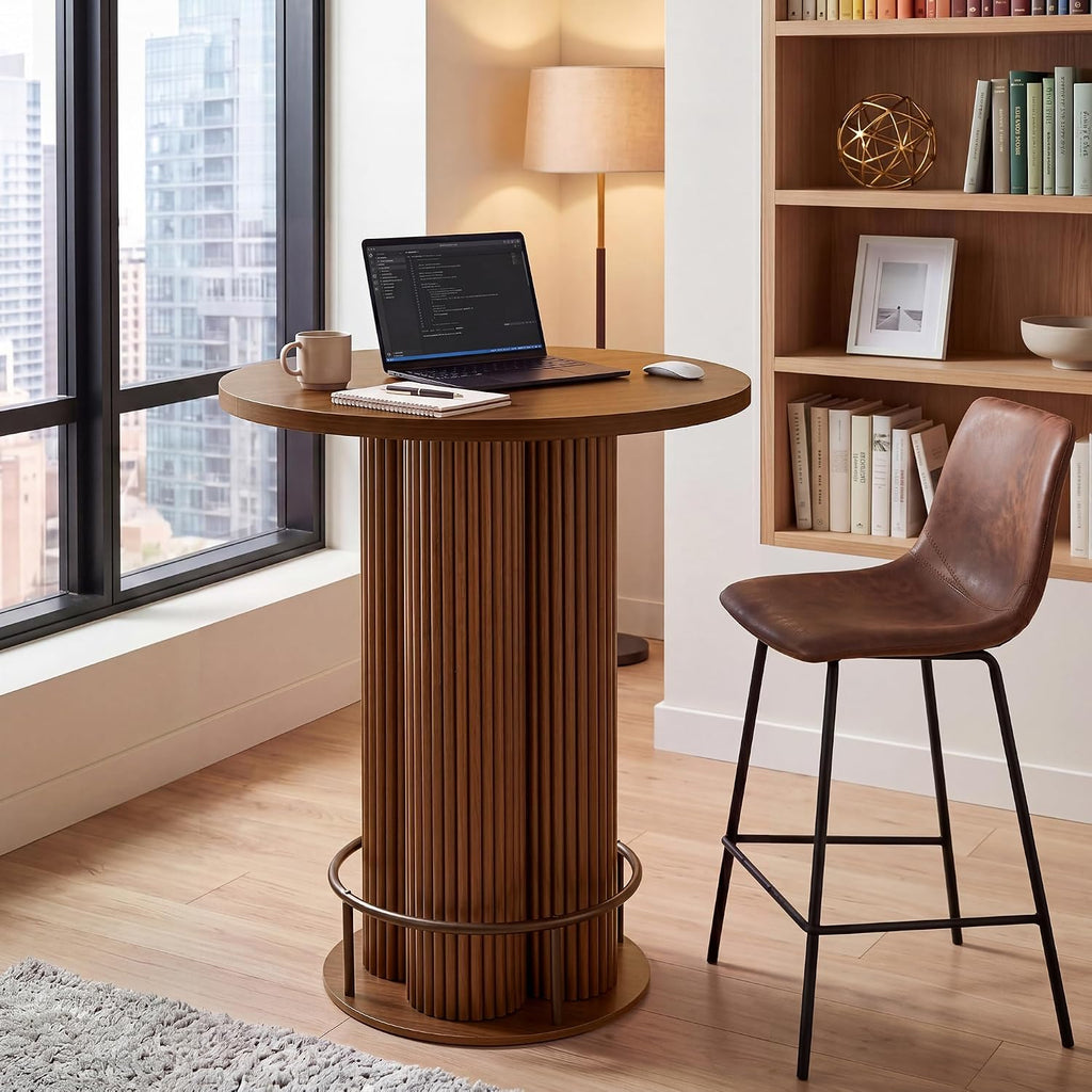 Bar Table, 39.37" H Round Bistro Table Fluted Pub Table with Base & Metal Ring Footrest Wood Cocktail Desk for Patio, Coffee House, Living Room, Kitchen, Small Space [Chairs Not Included]