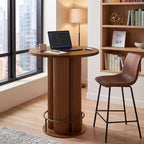 Bar Table, 39.37" H Round Bistro Table Fluted Pub Table with Base & Metal Ring Footrest Wood Cocktail Desk for Patio, Coffee House, Living Room, Kitchen, Small Space [Chairs Not Included]