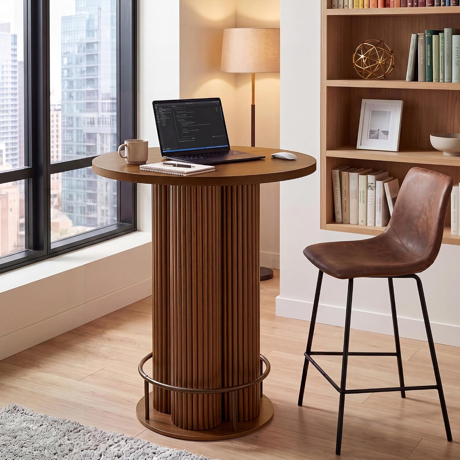 Bar Table, 39.37" H Round Bistro Table Fluted Pub Table with Base & Metal Ring Footrest Wood Cocktail Desk for Patio, Coffee House, Living Room, Kitchen, Small Space [Chairs Not Included]