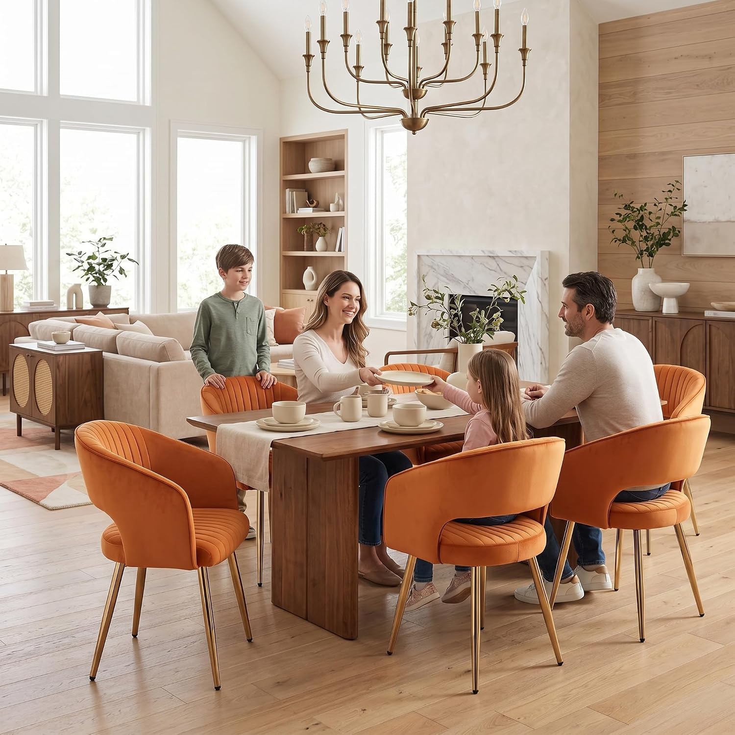 Orange Velvet Dining Chairs Gold Legs, Modern Dining Room Chairs with Arms Set of 6 Upholstered Accent Chair Armchair with Barrel Back for Kitchen Living Room