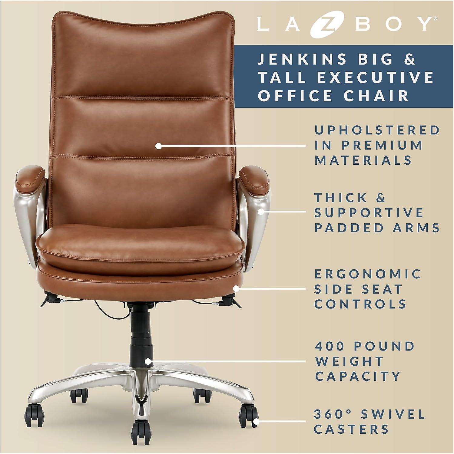 La-Z-Boy Jenkins Ergonomic Bonded Leather Swivel Executive Big & Tall Chair, Brown