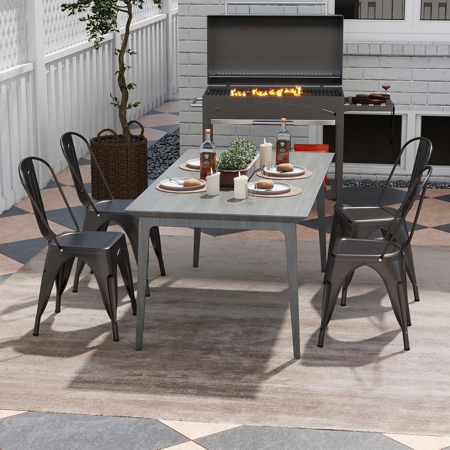 Giantex Metal Dining Chairs Set of 4, Farmhouse Kitchen Chairs with Removable Backrest, Space-Saving Stackable Bistro Cafe Side Chairs for Dining Room, Living Room, Restaurant (Bronze)