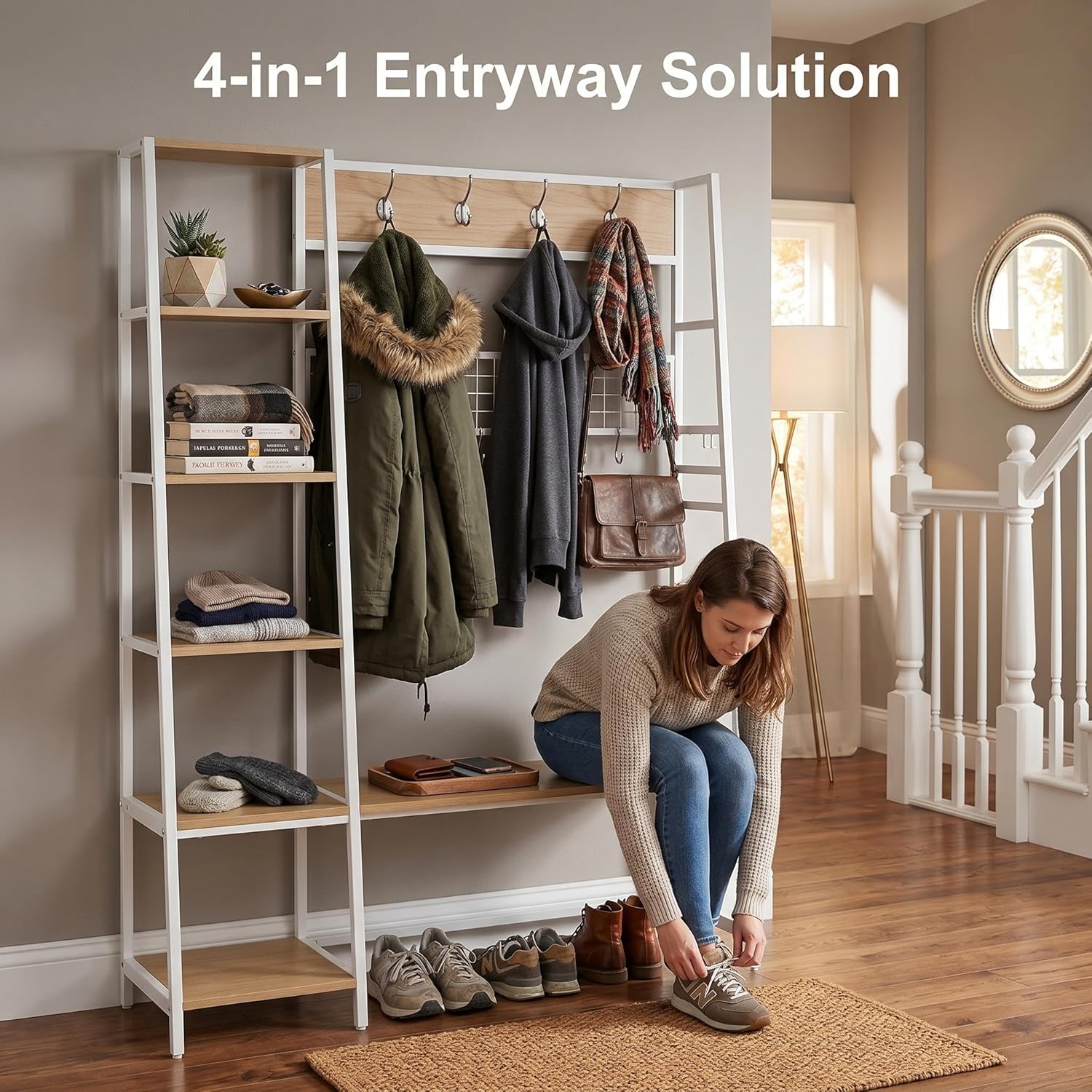 Garvee Coat Rack, Hall Tree with Shoe Bench for Entryway, Entryway Bench with Coat Rack, 4-in-1, with 8 Removable Hooks, Industrial Entryway Furniture