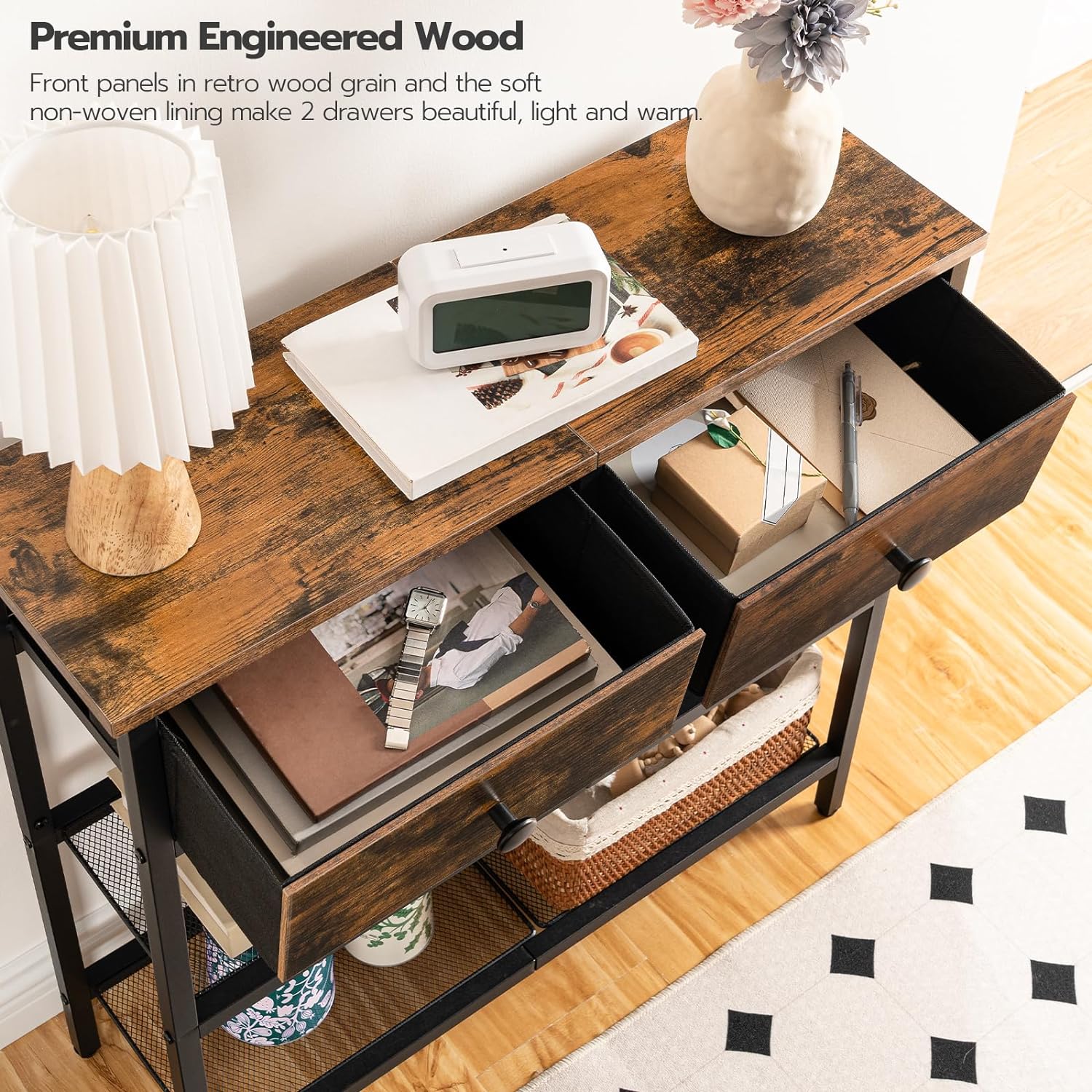 HOOBRO 29.5" Narrow Console Table with 2 Fabric Drawers, Sofa Table, Small Entryway Table with 3-Tier Storage Shelves, Behind Couch Table, for Living Room, Hallway, Rustic Brown and Black BF72XG01