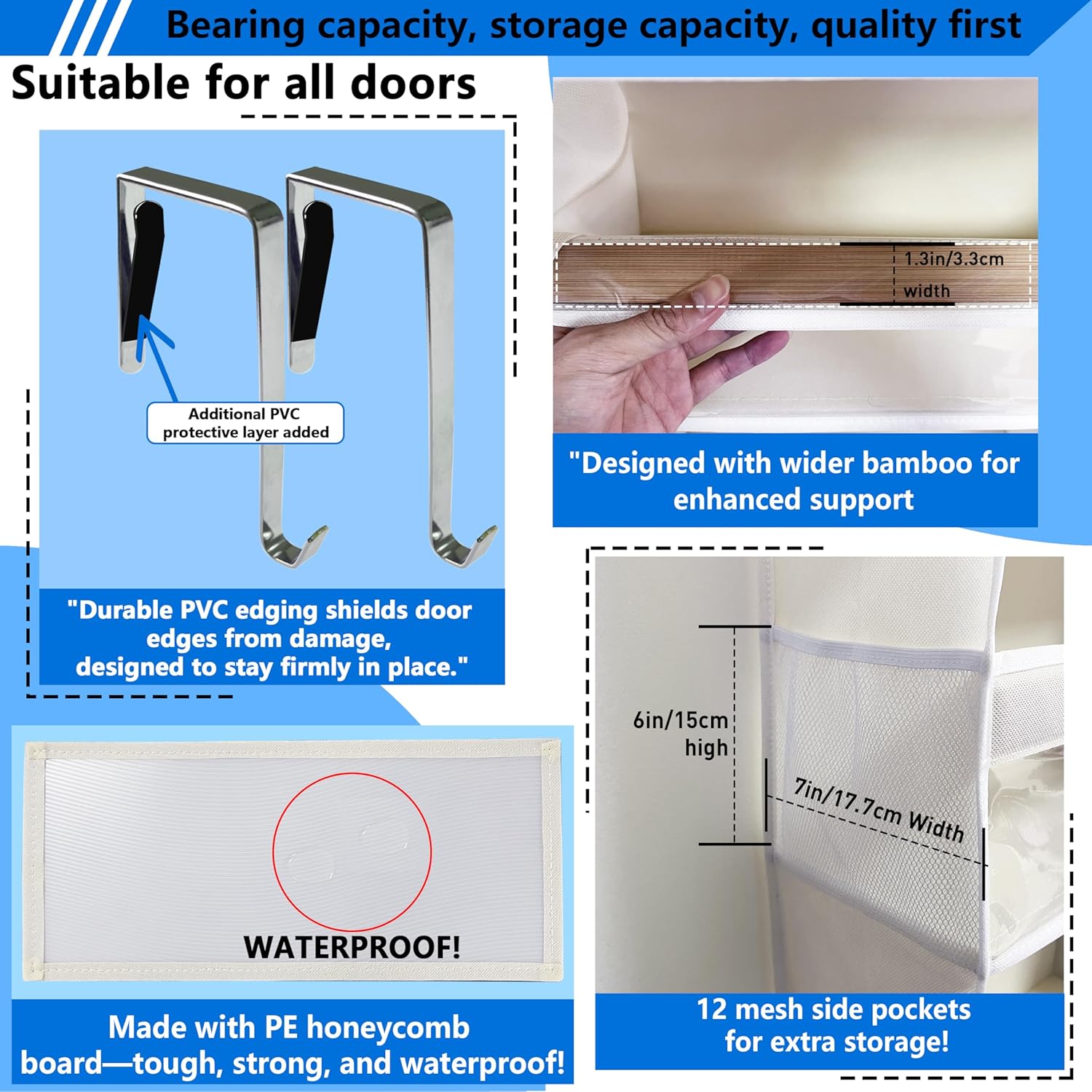 over the door organizer, Solid Bamboo Board (Not Plastic!) 6-Tier Heavy Duty 75LB, 12 Side Pockets, 3 Reinforced Hooks & Anti-Slip Pads, Waterproof & Washable, No Sagging, No Door Damage,White