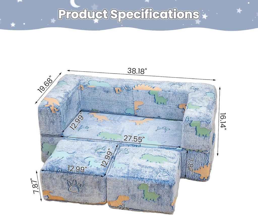 furlinkhm Toddler Couch, Glow in The Dark Kids Play Couch Toddler Fold Out Couch, Kids Fold Out Couch for playroom, Convertible Baby Fold Out Play Foam and Floor Cushion for Bedroom, Blue+Dinosaur