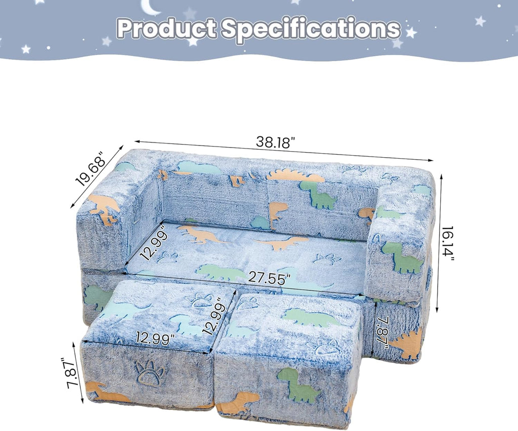 Toddler Couch Cover, Glow in The Dark Toddler Fold Out Couch Cover, Baby Modular Couch Cover, Convertible Baby Fold Out Play Foam and Floor Cushion Cover for Nursery Playroom, Blue+Dinosaur