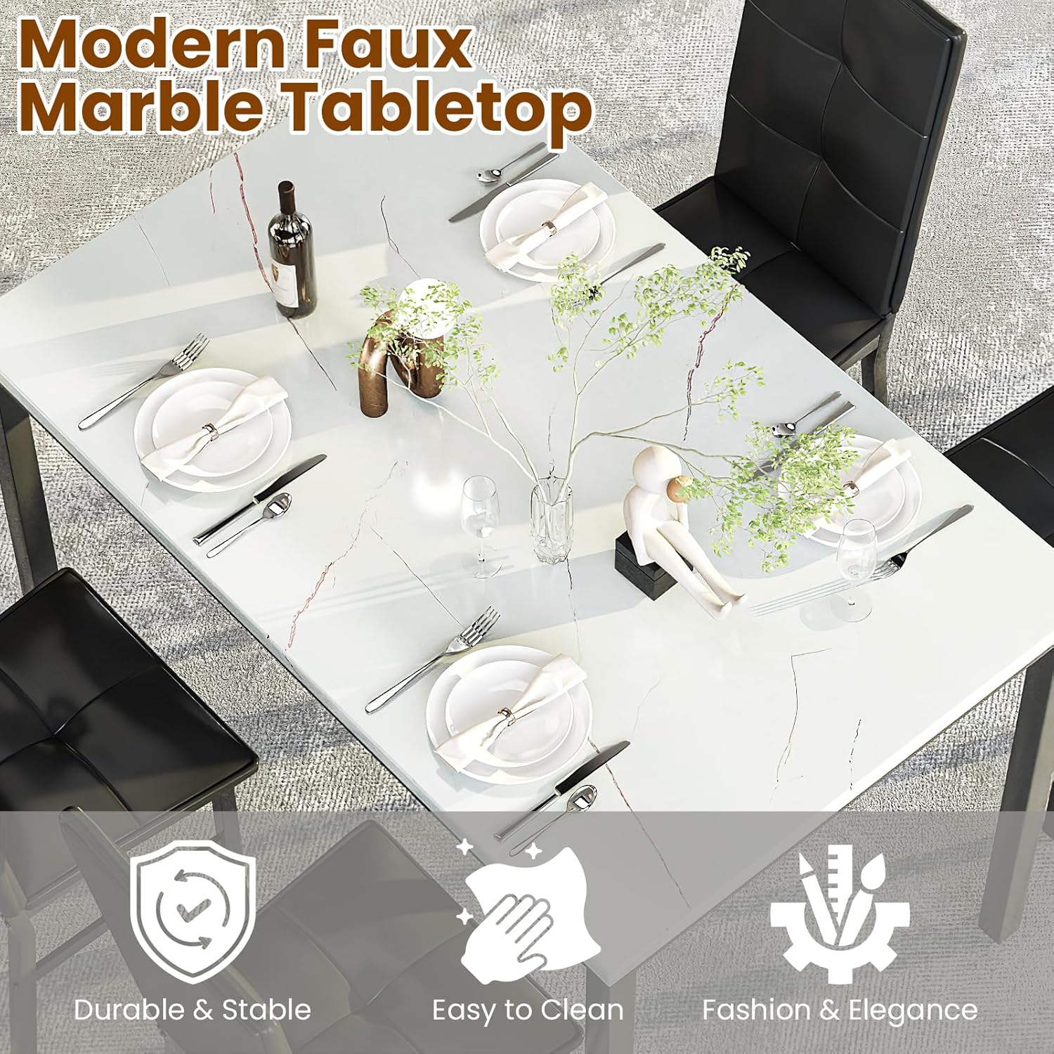 Hooseng Dining Table Set for 4, Faux Marble Small Kitchen Table with 4 PU Leather Chairs, Modern 5 Piece Dinner Table Set for Dining Room, Breakfast Nook, Samll Space, White & Black