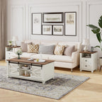 LUXOAK Farmhouse Table Set of 3, Coffee Table with Sliding Barn Doors, End Tables Set of 2 with Charging Station for Living Room & Bedroom, Sliding Barn Doors, 2 Tiers Storage Drawer, Antique White