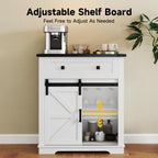 32" Farmhouse Coffee Bar Cabinet with Sliding Barn Door & Drawers, Buffet Table with Storage, Kitchen Sideboard Storage Cabinet with Wine Glass Rack for Living, Dining Room, White