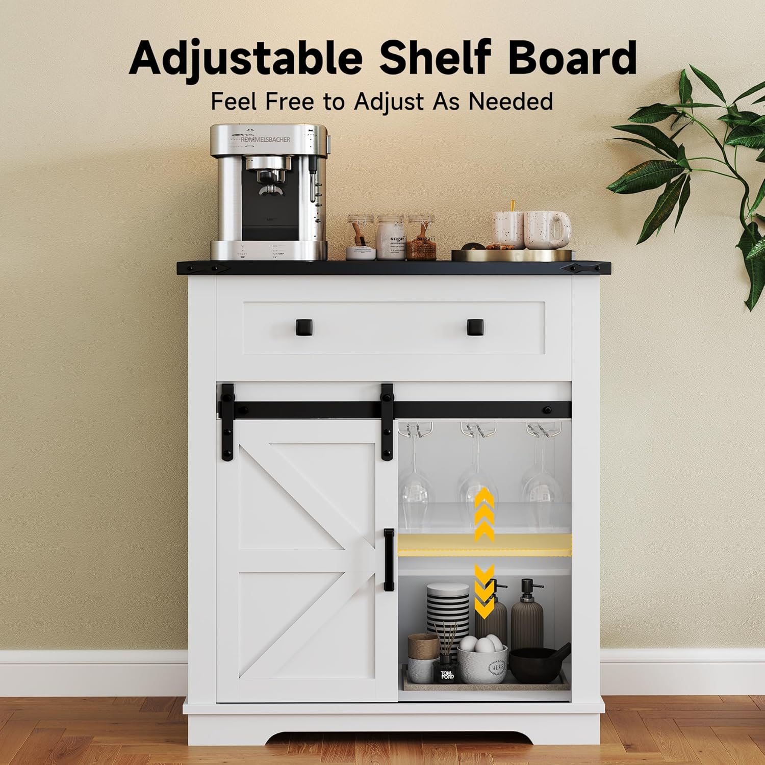 32" Farmhouse Coffee Bar Cabinet with Sliding Barn Door & Drawers, Buffet Table with Storage, Kitchen Sideboard Storage Cabinet with Wine Glass Rack for Living, Dining Room, White