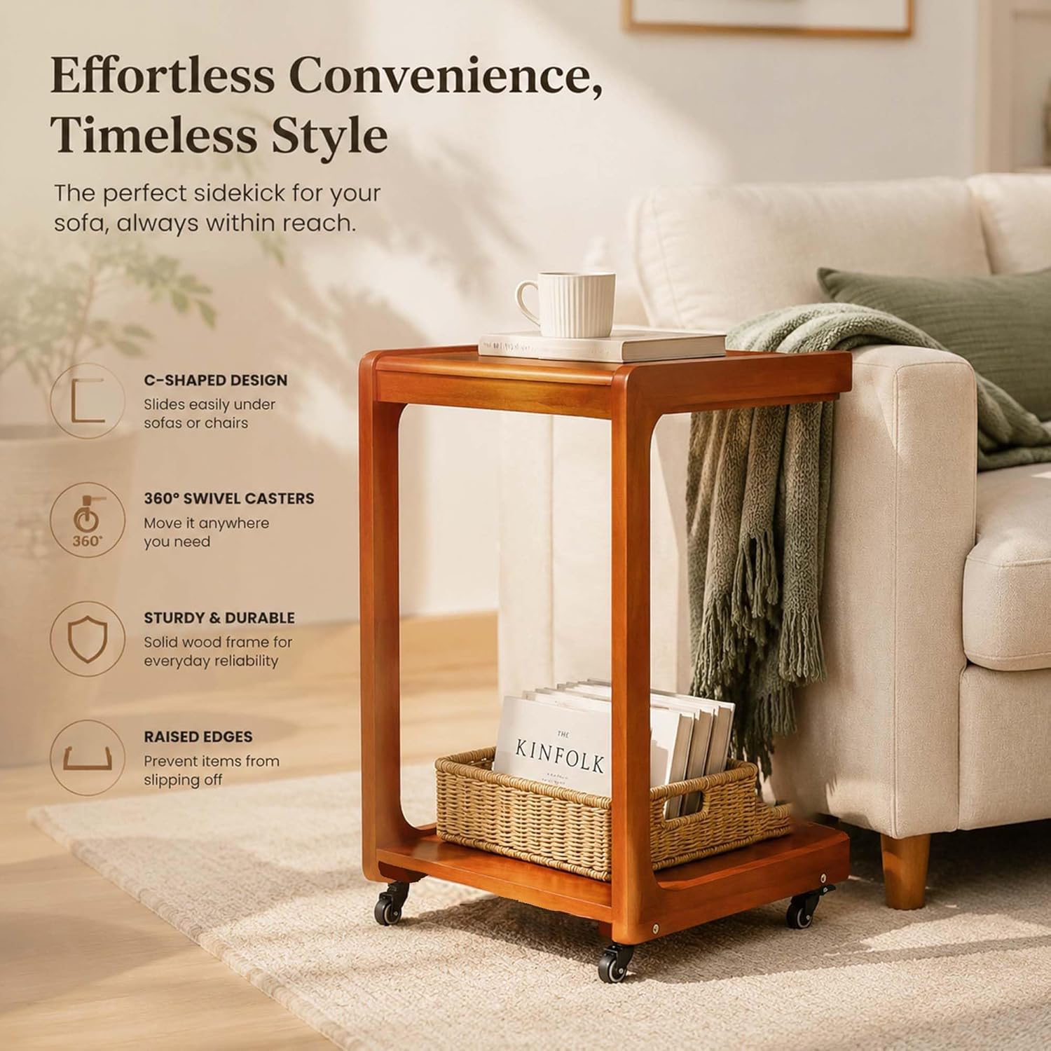 LEEMTORIG Small Rolling Side Table with Wheels, C-Shaped End Table with Storage, Adjustable Desktop Couch Table, Wooden Bedside Table Nightstand with Lockable Wheels for Living Room Bedroom BJ101-WL