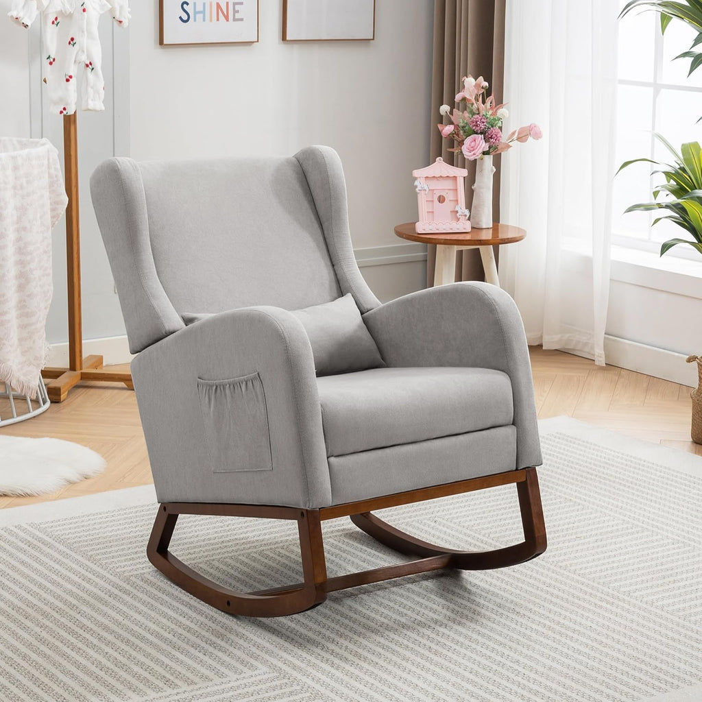 Nursery Rocking Chair with Footrest, Glider Rocking Nursing Chair Indoor, Upholstered Accent Nursery Glider Chair Rubber Wood Legs for Baby Nurser, Bedroom, Living Room, Light Gray