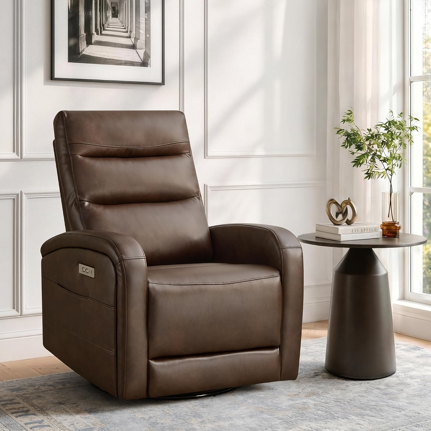 KISLOT Power Swivel Recliner Chair, Faux Leather Recliner 270° Rotation Modern Nursery Glider, Ergonomic Armrest & Side Storage Pocket, Comfortable Armchair for Living Room Bedroom & Nursery