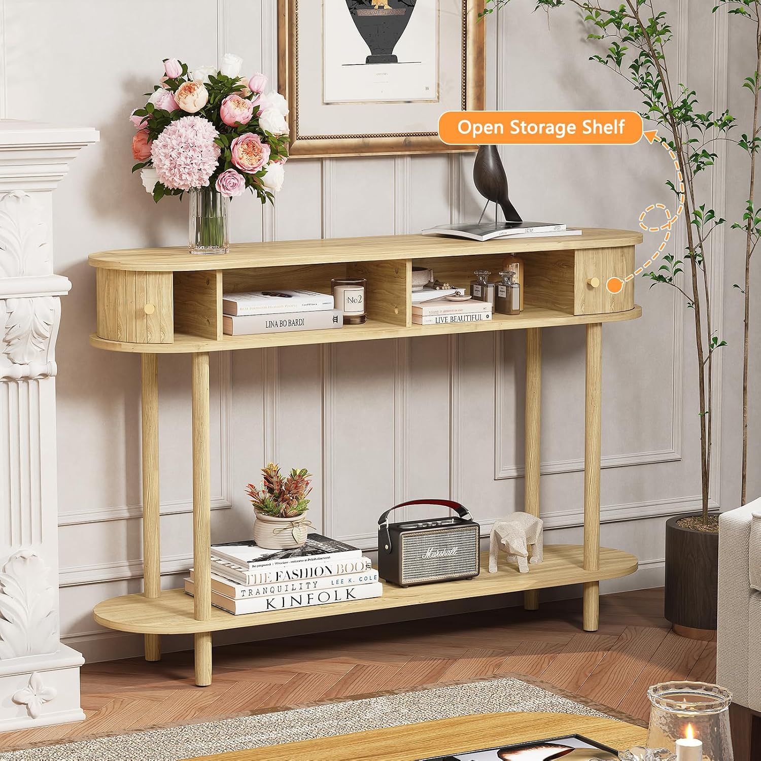 ARTPOWER 47.2" Modern Entryway Table with Wood Tambour Door, Accent Behind Couch Sofa Console Table with Storage, Fluted Side Table for Hallway, Living Room, Foyer, Natural Wood